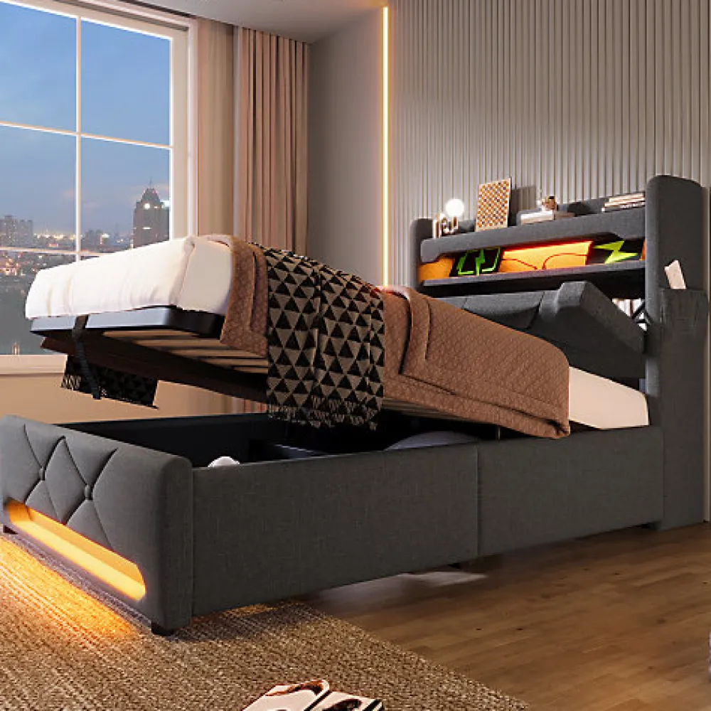Lit coffre capitonné 90x200cm avec LED et ports de charge USB - tissu en Lin - tête de lit avec espace de rangement - Gris>ModernLuxe New