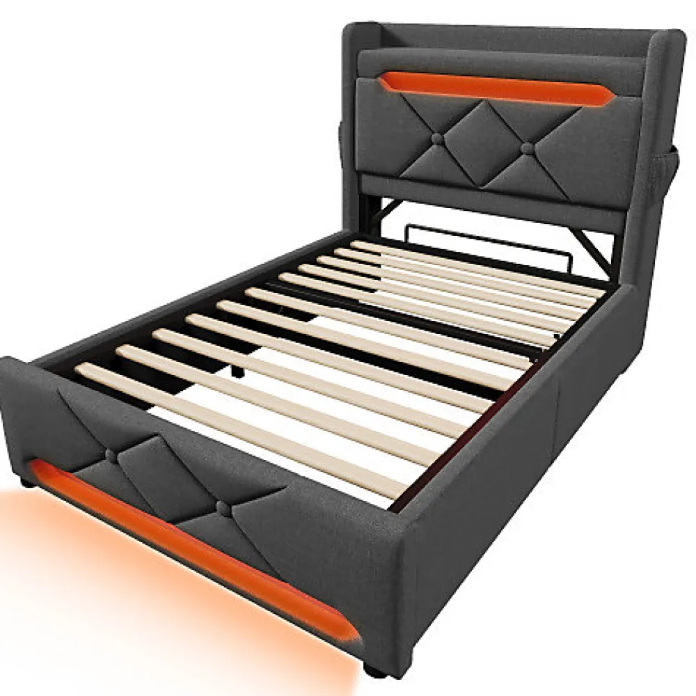 Lit coffre capitonné 90x200cm avec LED et ports de charge USB - tissu en Lin - tête de lit avec espace de rangement - Gris>ModernLuxe New