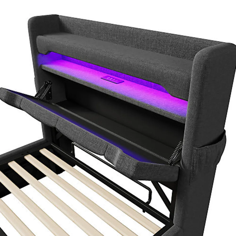 Lit coffre capitonné 90x200cm avec LED et ports de charge USB - tissu en Lin - tête de lit avec espace de rangement - Gris>ModernLuxe New