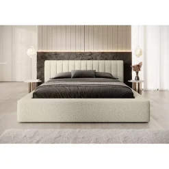 Meublorama Lit coffre CERVIN Taupe sablé bouclé 180x200 cm Sommier relevable Design haut de gamme* Lit Double