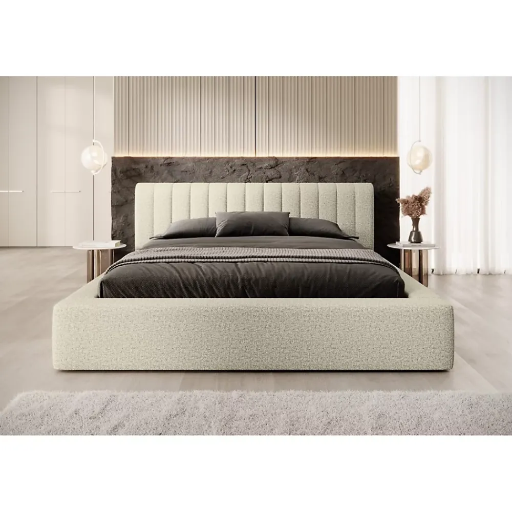 Meublorama Lit coffre CERVIN Taupe sablé bouclé 180x200 cm Sommier relevable Design haut de gamme* Lit Double