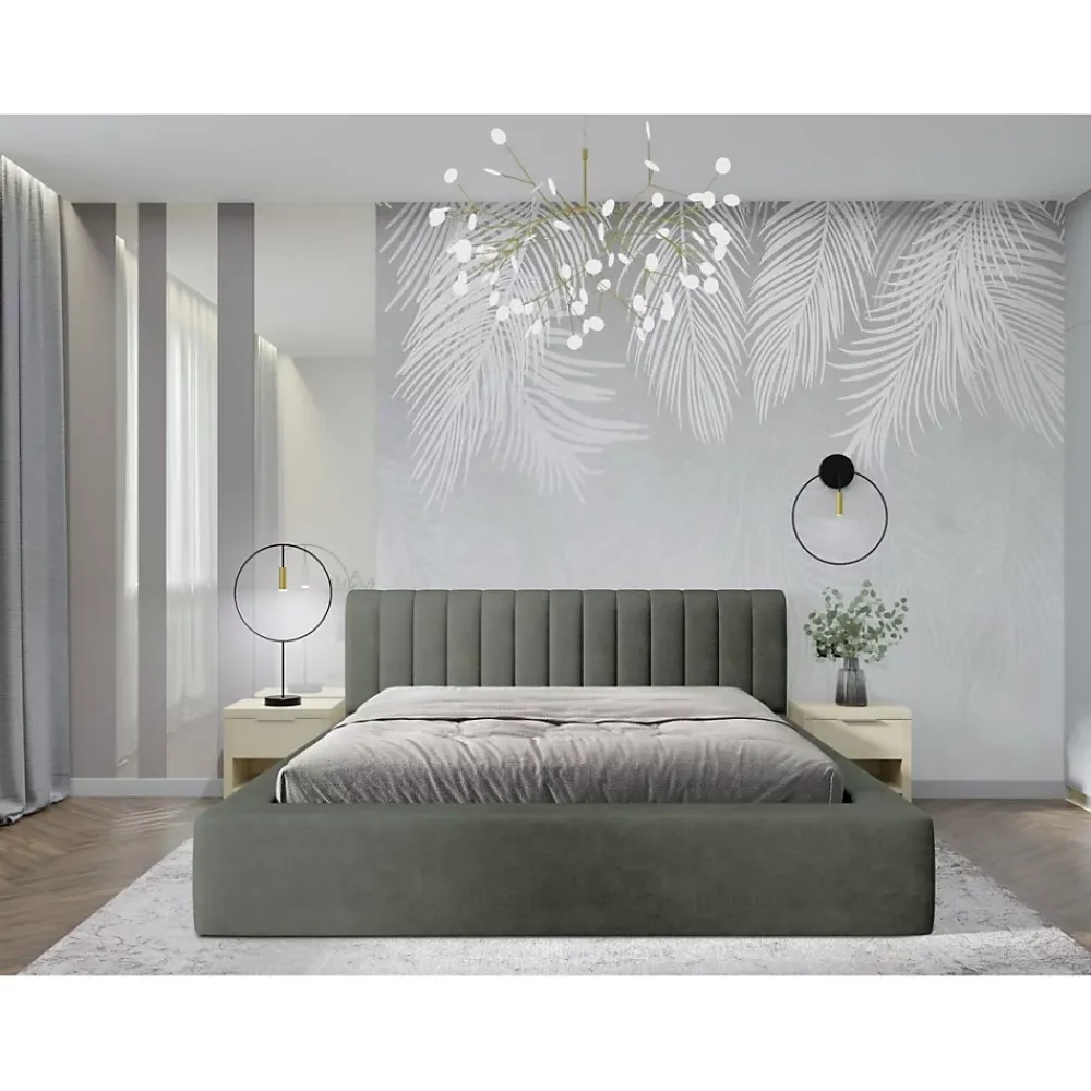 Meublorama Lit coffre CERVIN Velours doux Sauge Nocturne 180x200 cm Sommier relevable Design élégant* Lit Double