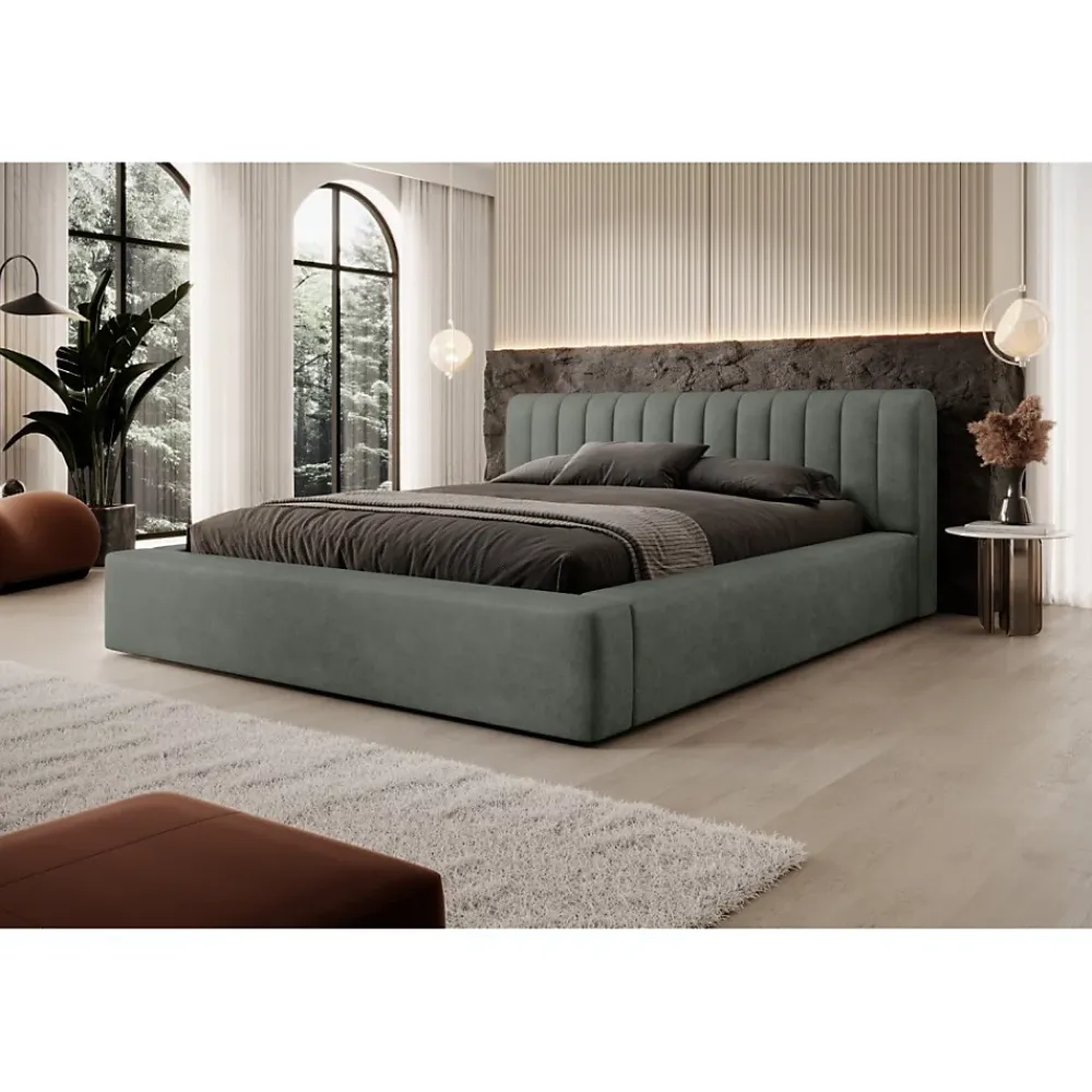 Meublorama Lit coffre CERVIN Velours doux Sauge Nocturne 180x200 cm Sommier relevable Design élégant* Lit Double