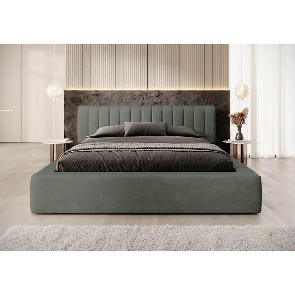 Meublorama Lit coffre CERVIN Velours doux Sauge Nocturne 180x200 cm Sommier relevable Design élégant* Lit Double