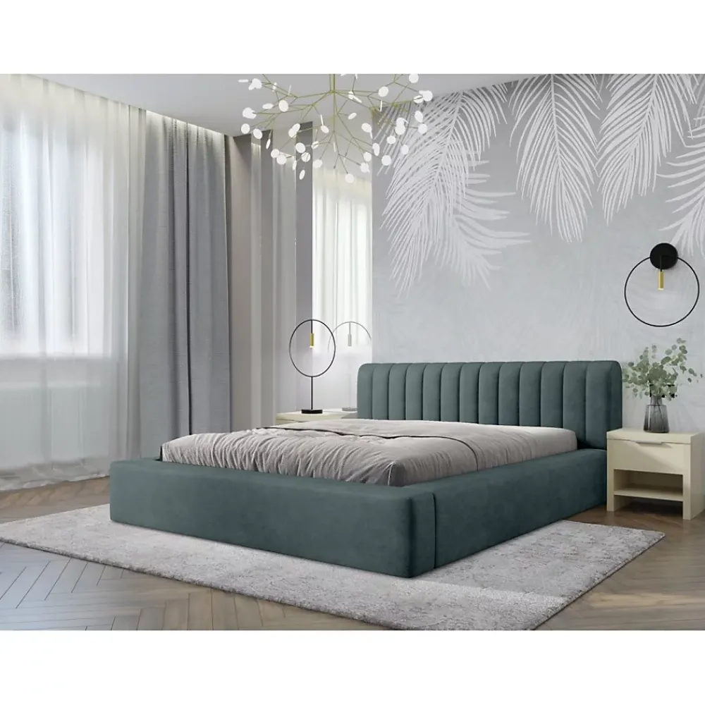 Meublorama Lit coffre CERVIN Velours doux Nuit émeraude 140x200 cm Sommier relevable Design élégant* Lit Double