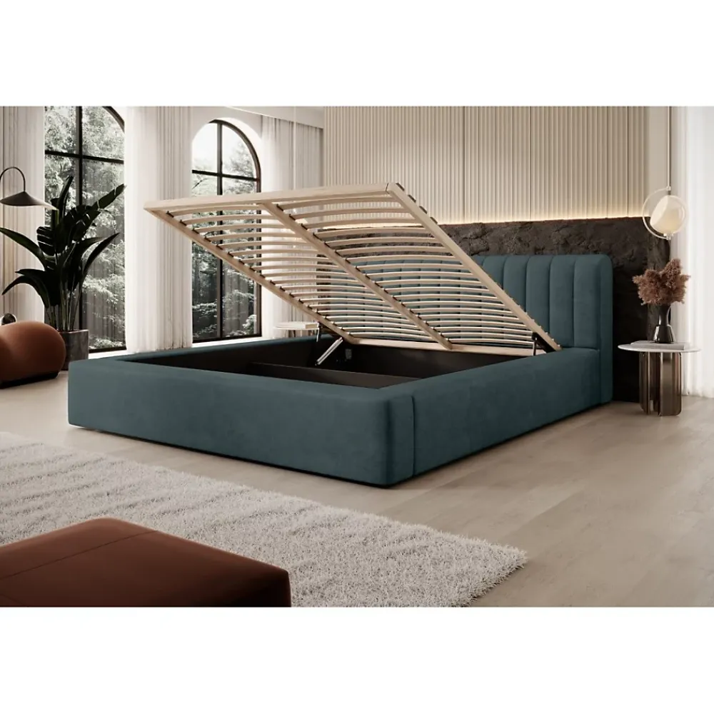 Meublorama Lit coffre CERVIN Velours doux Nuit émeraude 140x200 cm Sommier relevable Design élégant* Lit Double