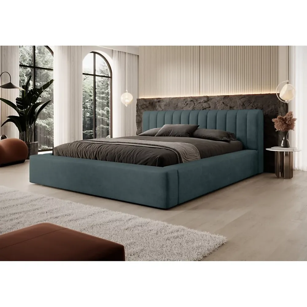 Meublorama Lit coffre CERVIN Velours doux Nuit émeraude 140x200 cm Sommier relevable Design élégant* Lit Double
