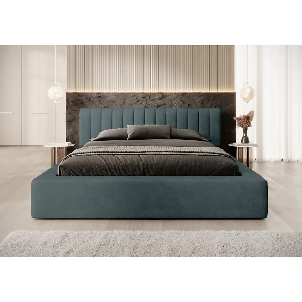 Meublorama Lit coffre CERVIN Velours doux Nuit émeraude 140x200 cm Sommier relevable Design élégant* Lit Double