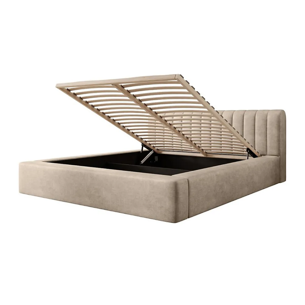 Lit coffre CERVIN Velours doux Nude Sablé 180x200 cm Sommier relevable Design élégant>Meublorama New