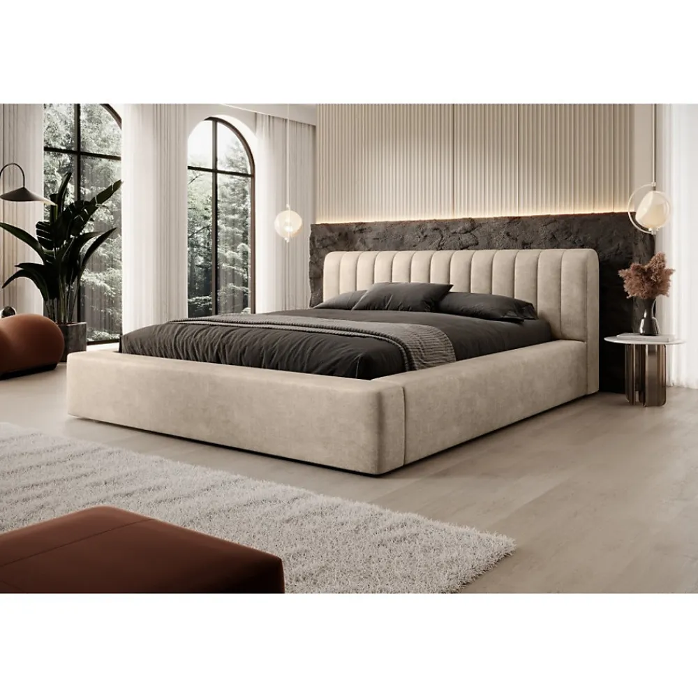 Lit coffre CERVIN Velours doux Nude Sablé 180x200 cm Sommier relevable Design élégant>Meublorama New