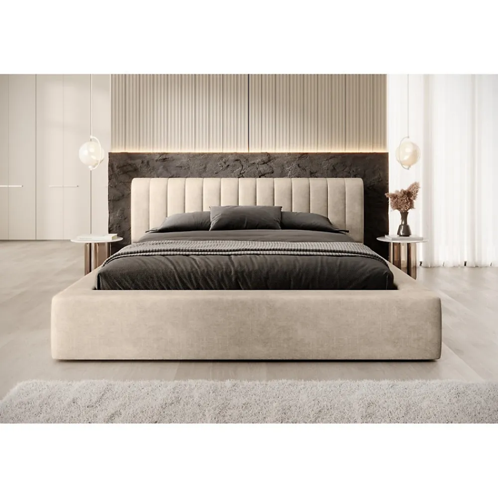 Lit coffre CERVIN Velours doux Nude Sablé 180x200 cm Sommier relevable Design élégant>Meublorama New