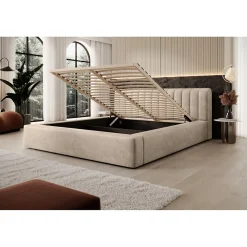 Lit coffre CERVIN Velours doux Nude Sablé 180x200 cm Sommier relevable Design élégant><noscript><img width=