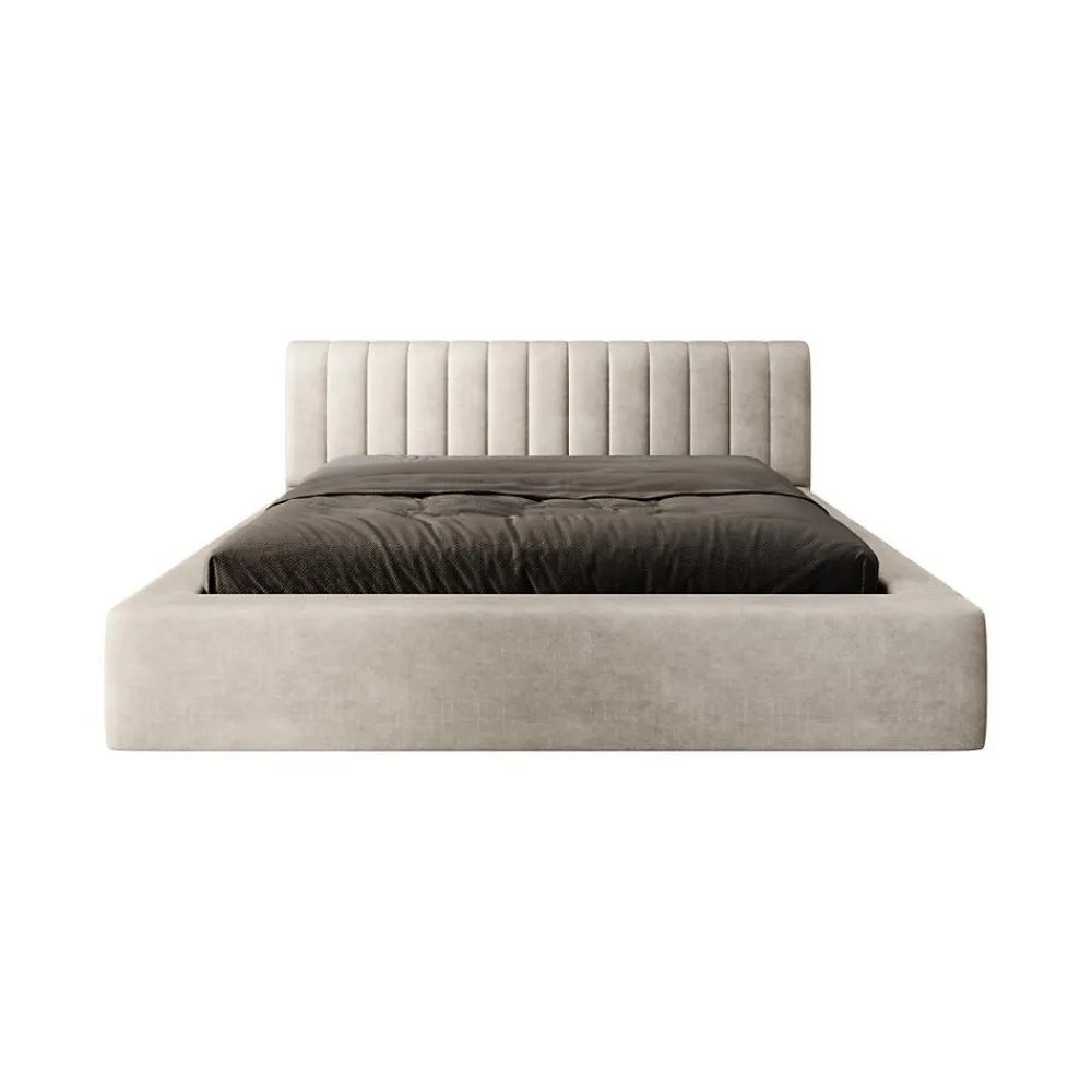 Lit coffre CERVIN Velours doux Lin naturel 180x200 cm Sommier relevable Design élégant>Meublorama Discount