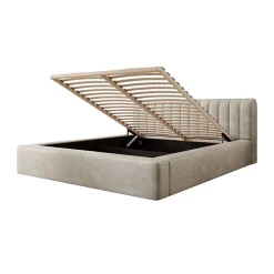 Lit coffre CERVIN Velours doux Lin naturel 180x200 cm Sommier relevable Design élégant><noscript><img width=