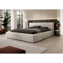 Lit coffre CERVIN Velours doux Lin naturel 180x200 cm Sommier relevable Design élégant><noscript><img width=