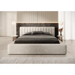 Lit coffre CERVIN Velours doux Lin naturel 180x200 cm Sommier relevable Design élégant><noscript><img width=