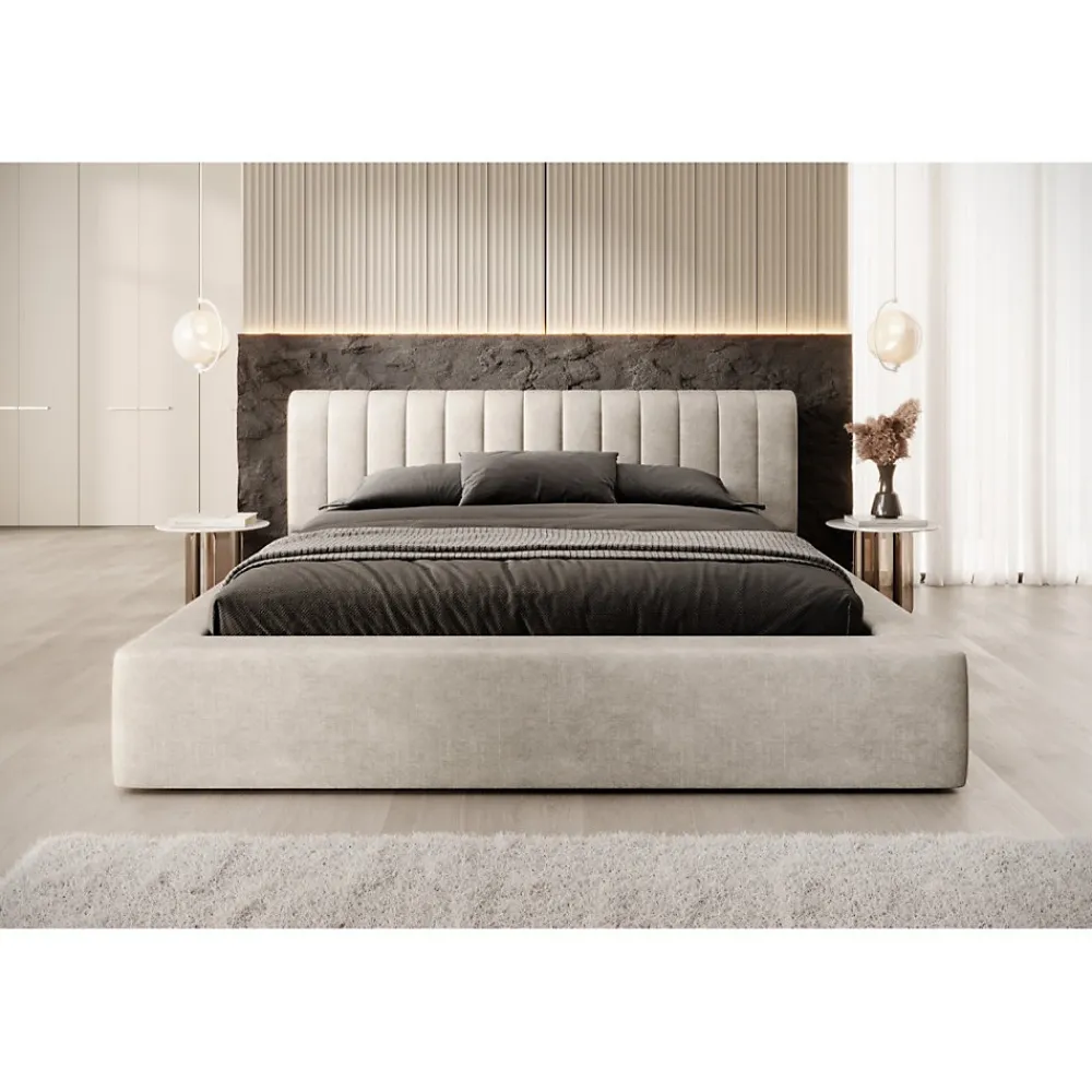 Lit coffre CERVIN Velours doux Lin naturel 180x200 cm Sommier relevable Design élégant>Meublorama Discount