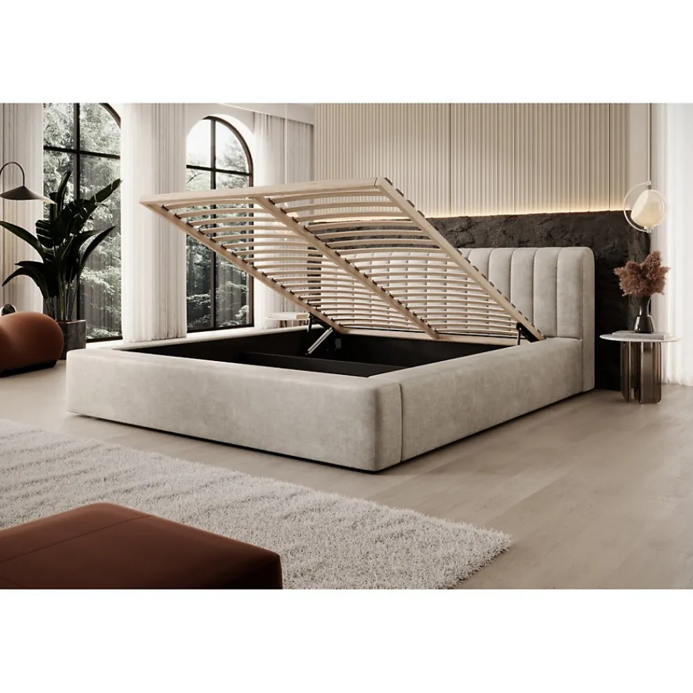 Lit coffre CERVIN Velours doux Lin naturel 180x200 cm Sommier relevable Design élégant>Meublorama Discount