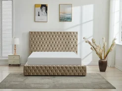 Vente-unique Lit coffre chesterfield 160 x 200 cm - Velours - Taupe + Matelas - DULENI* Ensemble Sommier Et Matelas
