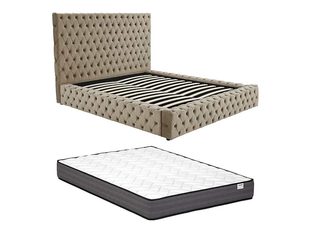 Vente-unique Lit coffre chesterfield 160 x 200 cm - Velours - Taupe + Matelas - DULENI* Ensemble Sommier Et Matelas