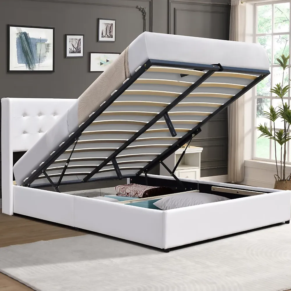 Nuits D'Or Lit coffre dehoussable blanc 120x190 cm - avec tete de lit capitonnee - 12 lattes - - entretien facile - lit de rangement* Lit Coffre
