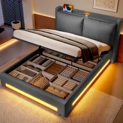 Okwish Lit Coffre Double Adulte160x200 cm - Lit Capitonné Lin avec Rangement, LED, USB-C - Moderne avec Coussins Amovibles, Gris Foncé* Lit Coffre