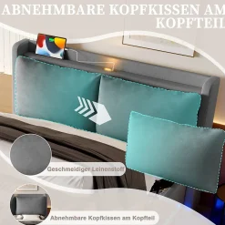 Okwish Lit Coffre Double Adulte160x200 cm - Lit Capitonné Lin avec Rangement, LED, USB-C - Moderne avec Coussins Amovibles, Gris Foncé* Lit Coffre