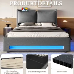 Okwish Lit Coffre Double Adulte160x200 cm - Lit Capitonné Lin avec Rangement, LED, USB-C - Moderne avec Coussins Amovibles, Gris Foncé* Lit Coffre