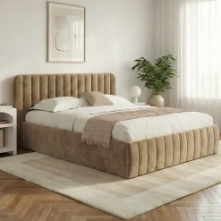 Lit coffre double ALBA avec tête de lit et sommier 140 x 190 cm velours taupe><noscript><img width=