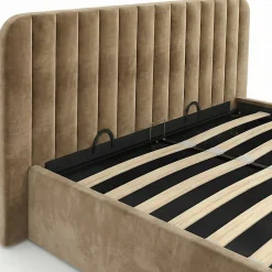 Lit coffre double ALBA avec tête de lit et sommier 140 x 190 cm velours taupe><noscript><img width=
