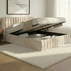 Lit coffre double ALBA avec tête de lit et sommier 140 x 190 cm velours beige>IDMarket Discount