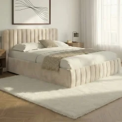 Lit coffre double ALBA avec tête de lit et sommier 140 x 190 cm velours beige><noscript><img width=