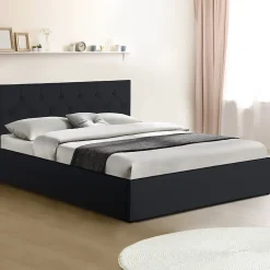 IDMarket Lit coffre double AUSTIN avec tête de lit et sommier 140 x 190 cm PVC noir* Lit Coffre