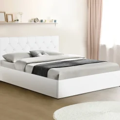 Lit coffre double AUSTIN avec tête de lit et sommier 140 x 190 cm PVC blanc><noscript><img data-lazyloaded=