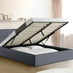 IDMarket Lit coffre double AUSTIN avec tête de lit et sommier 160 x 200 cm PVC gris* Lit Avec Rangement