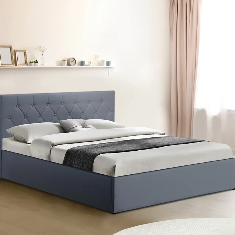 IDMarket Lit coffre double AUSTIN avec tête de lit et sommier 160 x 200 cm PVC gris* Lit Avec Rangement