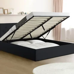 IDMarket Lit coffre double AUSTIN avec tête de lit et sommier 160 x 200 cm PVC noir* Lit Avec Rangement