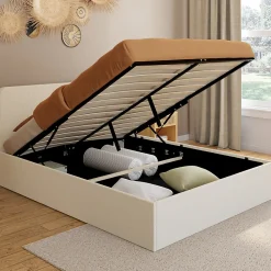Lit coffre double BRADFORD avec tête de lit et sommier 140 x 190 cm tissu bouclette>IDMarket