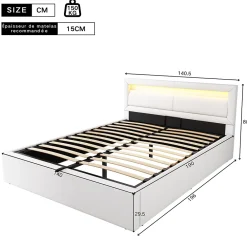 Okwish Lit Coffre Double Capitonnée 140x190 cm , avec LED, Éclairage Réglable, Rangement Sous Le Lit, PU et Bois Blanc, Sans Matelas* Lit Coffre