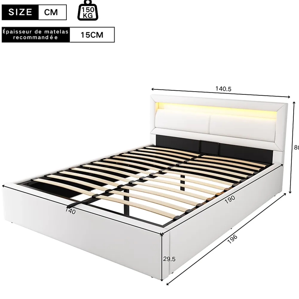Okwish Lit Coffre Double Capitonnée 140x190 cm , avec LED, Éclairage Réglable, Rangement Sous Le Lit, PU et Bois Blanc, Sans Matelas* Lit Coffre