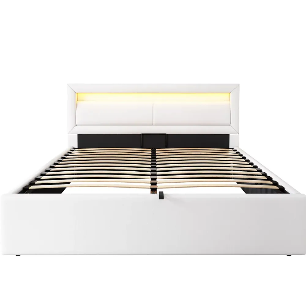 Okwish Lit Coffre Double Capitonnée 140x190 cm , avec LED, Éclairage Réglable, Rangement Sous Le Lit, PU et Bois Blanc, Sans Matelas* Lit Coffre
