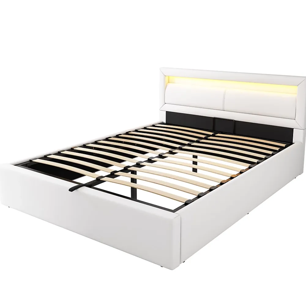 Okwish Lit Coffre Double Capitonnée 140x190 cm , avec LED, Éclairage Réglable, Rangement Sous Le Lit, PU et Bois Blanc, Sans Matelas* Lit Coffre