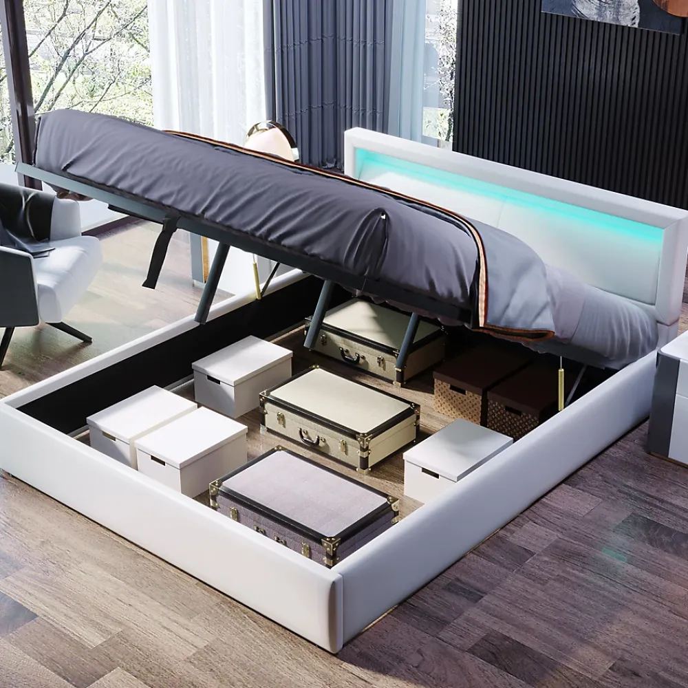 Okwish Lit Coffre Double Capitonnée 140x190 cm , avec LED, Éclairage Réglable, Rangement Sous Le Lit, PU et Bois Blanc, Sans Matelas* Lit Coffre