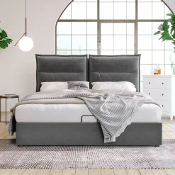 Lit Coffre Double Capitonné 140x200 cm - avec Coffre Hydraulique et Tête de Lit Ajustable, Velours Gris, Matelas Inclus>Okwish Online