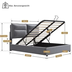 Lit Coffre Double Capitonné 140x200 cm - avec Coffre Hydraulique et Tête de Lit Ajustable, Velours Gris, Matelas Inclus><noscript><img width=