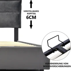 Lit Coffre Double Capitonné 140x200 cm - avec Coffre Hydraulique et Tête de Lit Ajustable, Velours Gris, Matelas Inclus><noscript><img width=