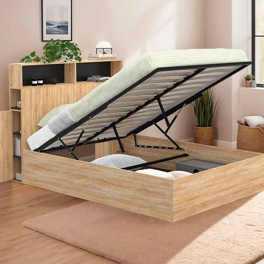 IDMarket Lit coffre double CLYDE avec tête de lit + rangements et sommier 140 x 190 cm façon hêtre et noir* Lit Coffre