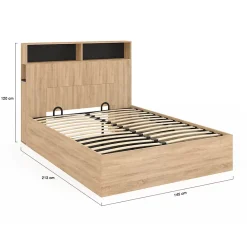 IDMarket Lit coffre double CLYDE avec tête de lit + rangements et sommier 140 x 190 cm façon hêtre et noir* Lit Coffre