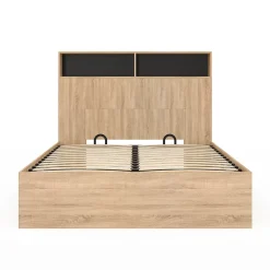 IDMarket Lit coffre double CLYDE avec tête de lit + rangements et sommier 140 x 190 cm façon hêtre et noir* Lit Coffre