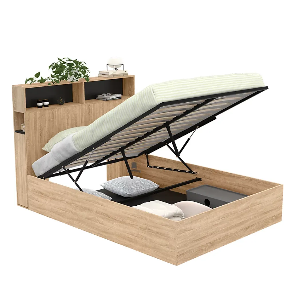 IDMarket Lit coffre double CLYDE avec tête de lit + rangements et sommier 140 x 190 cm façon hêtre et noir* Lit Coffre